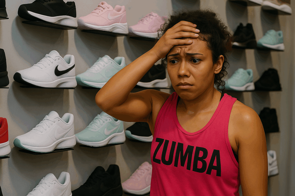 flustered zumba student looking at wall of sneakers